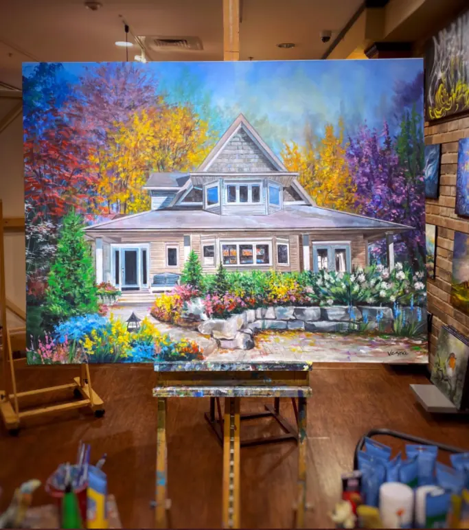 A painted portrait of a family home surrounded by flowering trees