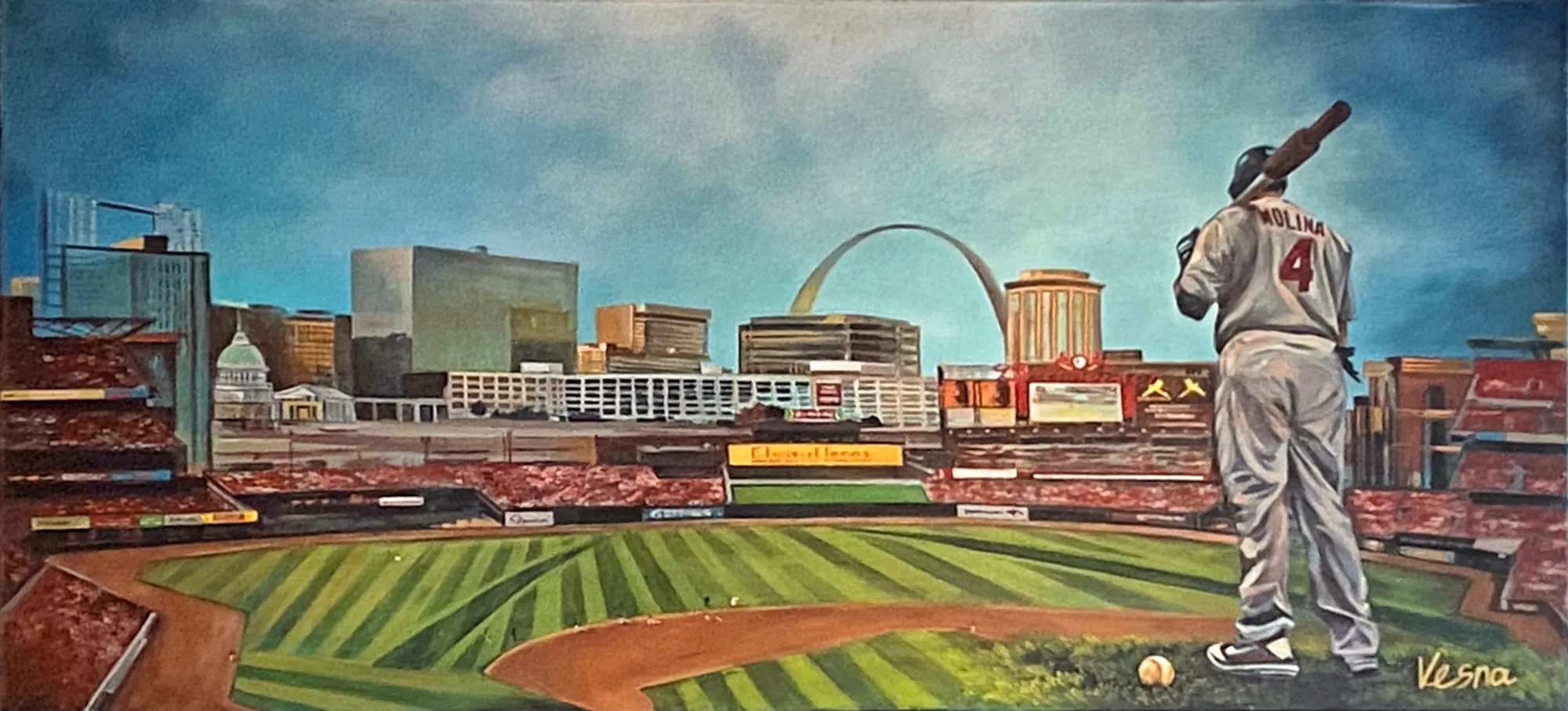 A panoramic painting of Busch Stadium with the Arch and a batter at the plate